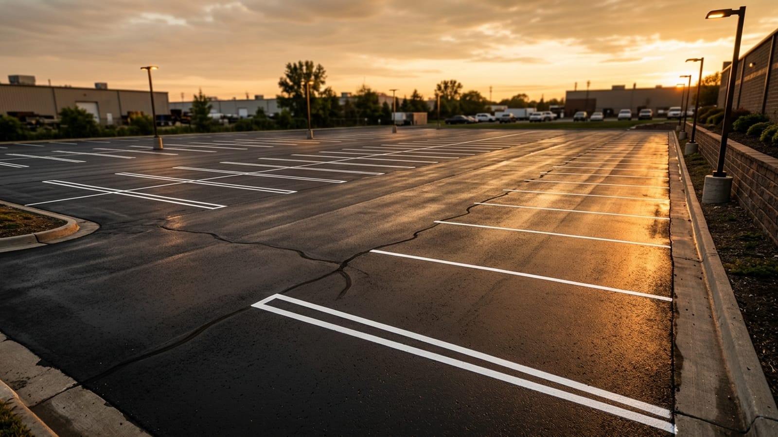 Freshly seal-coated asphalt parking lot with a smooth, dark finish
